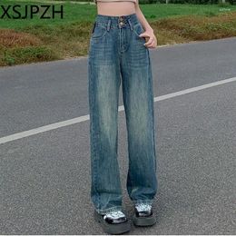 Womens Jeans Xsjpzh Eye Attracting Design Sense High Waisted Cowboy Girl Straight Leg Wide Pants Autumn Salable Blue For Women