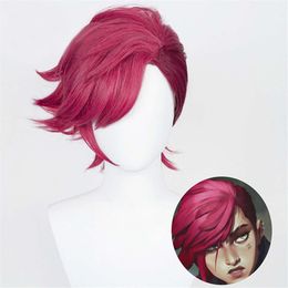 Catsuit Costumes Game LOL Arcane Vi Cosplay Wig VI 30cm Deep Rose Short Heat Resistant Synthetic Hair Woman and Man Role Play Wigs