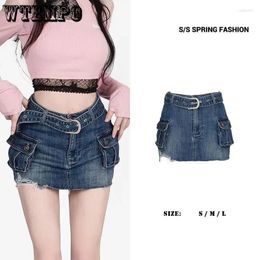 Skirts Denim Skirt Women Blue Slim Sexy Belt Tie Elastic Pants Preppy Style E-girl Korean Fashion Tooling Summer Wholesale