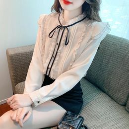 Women's Blouses Elegant Butterfly Shoulder Long Sleeve Chiffon Shirt Lady Summer Solid Colour Single Breasted Office Wear Basic