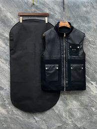 Autumn and winter highend mens vest high quality PU leather multi pocket stitching black vest luxury brand top designer vest