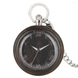 Pocket Watches Portable Dark Brown Ebony Quartz Watch Practical Large Round Dial With Roman Numerals Silver Pendant Chain Unisex