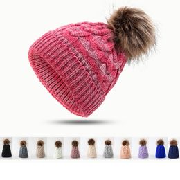 Beanie/Skull Caps Winter Kids Pompom Fur Ball Beanie Twist Knitted Thickened Woollen Hat Kids Beanie Hat Pink Grey Black White Blue 12 Colours