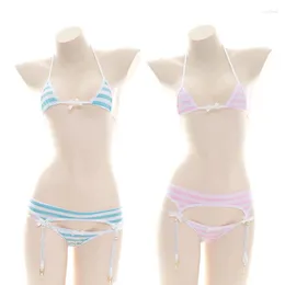 Women's Swimwear Japanese Sexy Bikini Underwear Set Lolita Student Striped Bra And Panty Lingerie With Garter Belt Soft Girl Three Point