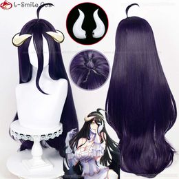 Catsuit Costumes 100cm Anime Overlord Cosplay Albedo Deep Purple Black Horns Heat Resistant Synthetic Wigs + Wig Cap