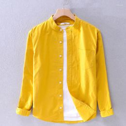 Men's Casual Shirts Pure Cotton Long Sleeve Shirt For Men Autumn Yellow Stand Collar Tops Male Solid Color Button Up Dress