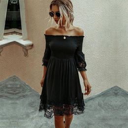 Spring Summer Fashion Black Lace Dress Women Slash Neck Solid High Waist Knee Length Dress Streetwear New 210413220I