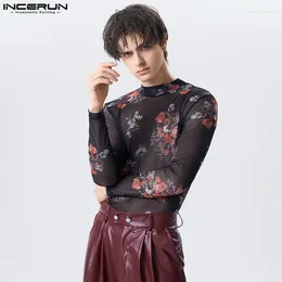 Men's T Shirts 2023 Men Shirt Printing O-neck Long Sleeve Mesh Streetwear See Through Clothing Sexy Fashion Party Camisetas S-5XL INCERUN