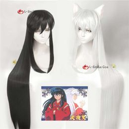 Catsuit Costumes 39 Inches 100cm Inuyasha Long Black Sier White Styled Sesshoumaru Ears Heat Resistant Hair Cosplay + Wig Cap