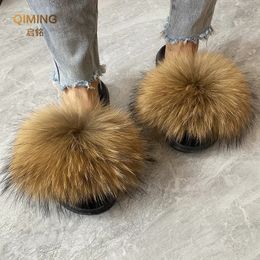 Sandals Summer Real Fur Slippers Ladies House Shoes Women Fluffy Raccoon Fur Slides Flip Flop Flat Furry Outdoor Sandals Woman Shoes 231027