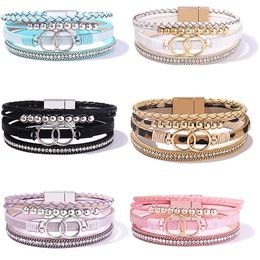 Charm Bracelets 17 Styles Premium Color Matching Bracelet Multilayer Woven Leather For Women Double Loop Magnet Buckle Hand Ornaments 231027