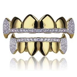 18K Gold Vampire Fangs Iced Out Teeth Grillz Set - Top & Bottom Caps for dental gold grillz - Whole277K