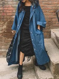 Women's Trench Coats LANMREM Fashion Loose Denim Windbreaker Women Hooded Solid Colour Long Coat Streetwear 2023 Autumn Clothing 23566
