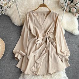 Casual Dresses Vintage Solid Colour Women Dress Spring Autumn Temperament V Neck Lantern Long Sleeve Vestidos Skinny Lace-up Female