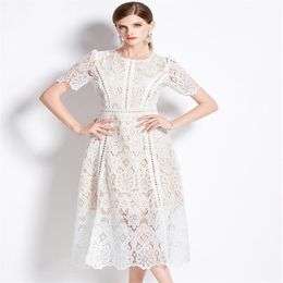 Basic Casual Dresses French Fashion Lace Hollow Out Long Dress Women Summer Short Sleeve Elegant Mid-Length High Quality Vestidos 203D