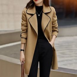 Women's Wool Blends Women Autumn Winter Elegant Wool Coat With Belt Solid Color Long Sleeve Chic Outerwear Ladies Jacket Overcoat Vintage 231026