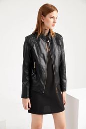 Women's Leather 2023 Elegant Stand-up Collar Solid Jacket Female Three-dimensional Pattern Coat S-4XL Pu Faux Women