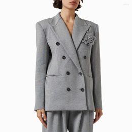 Women's Suits 2023 Autumn And Winter Design Lapel Long Sleeve Double Breasted Stereo Flower Grey Suit Jacket Women