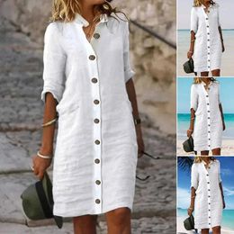 Casual Dresses Round Neck Solid Loose Women Simple Shirt Dress Tops Single Breasted Mid Length Straight Full Sleeve Autumn