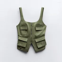 Women's Tanks 2023 Fashion Pocket Vest Summer Sleeveless Vests For Women Chic V-Neck Zipper Ladies Army Green Waistcoat Tops