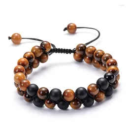 Strand Natura 8 Mm Round Stone Tiger-eye Onyx Beads Double Row Charm Weave Nylon Rope Handmade Adjustable Bracelet For Man Woman