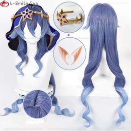 Catsuit Costumes Game Impact Cosplay Layla Genshin Long Curly Blue Gradient Heat Resistant Hair Wigs + Wig Cap