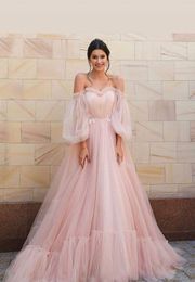 Long Puffy Sleeve Off Shoulder Prom Dress Ruffle Tulle Sweetheart A Line Princess Evening Ball Gown