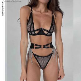 Sexy Set ECTOOKO Fishnet Lingerie Tassels Transparent Underwear Bra Kit Push Up 3-Piece Fancy Mesh Outfit Sheer Bilizna Set Of Sex T231027