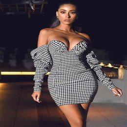 High Quality Winter Women Fashion Off Shoulder Plaid Long Sleeve Mini Dress Sexy Black Club Celebrity Evening V Neck Party Dres 21290g