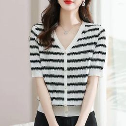 Women's T Shirts 2023 Korean V-neck Stripe Short Sleeved T-shirt Button Patchwork Screw Thread Knit Fashion Simple Thin Ice Silk Top