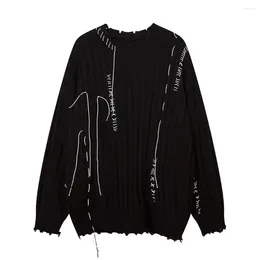 Men's Sweaters Autumn 2023 Black And White Colour Bright Line Hole Sweater Male Trend Street Loose Hem Irregular Knit