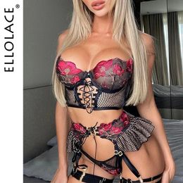 Sexy Set Ellolace Erotic Lingerie Sexy Bandage Transparent Bra Underwear For Sex Ruffle Garters Fantasy Thongs 3-Piece Fancy Intimate 231027