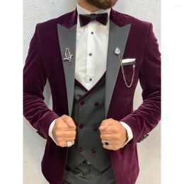 Men's Suits Blazer Men Slim Fit Luxury Grey Peaked Lapel Purplish Red Velvet Single Breast Terno Masculinos Completo Jacket Pants Vest