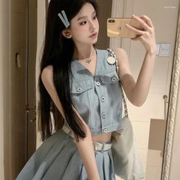 Work Dresses Fashion Denim Skirt Vest Women Top Suit Summer Short V-neck Sleeveless High Waist Pleated Two Piece Set