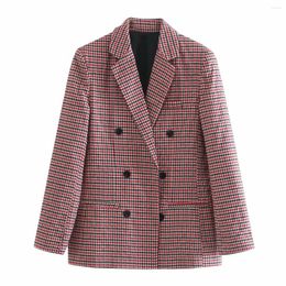 Women's Suits Fashion Women Double Breasted Cheque Blazers Coat Vintage Long Sleeve Pockets Suit Jacket Female Office Wear Outerwear Chic