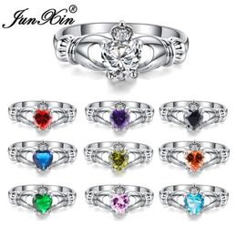 Wedding Rings JUNXIN Luxury Female Heart Ring Claddagh White Gold Filled Jewellery Fashion For Women Birth Stone Gifts247p