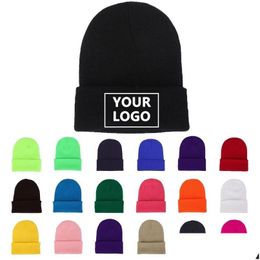 Beanie/Skull Caps Diy Autumn And Winter Solid Colour Knitted Bucket Hat Personalised Design Custom Logo Skl Beanie Men Women Team Can W Dhyml