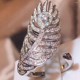Cluster Rings Creative 925 Silver Plated Ring For Ladies Zircon Feather Leaf Shaped Fashion Birthday Gift Adjustable Jewellery