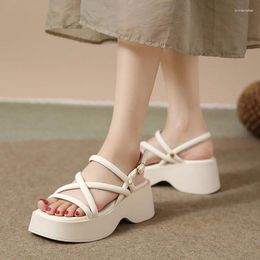 Sandals Poe Heel Roman Women's 2023 Summer Versatile Open Toe Thick Sole Beach Shoes Retro Cross Strap