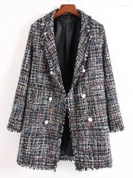 Women's Suits High Quality Medium Length Coarse Tweed Pearl Buckle Tassel Plaid Jacket 2023 Autumn Fashionable Clothing