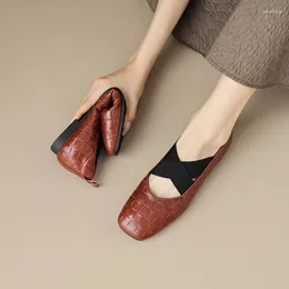 Dress Shoes Phoentin Retro Genuine Leather Ballet Flats 2023 Women Square Toe Handmade Cross Elastic Band Ballerina FT2790