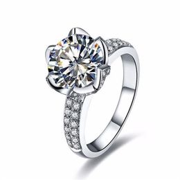 Real Solid 925 Sterling Silver Wedding Rings For Women Romantic Flower Shaped Inlay 3 Carat Diamond Engagement Ring218O