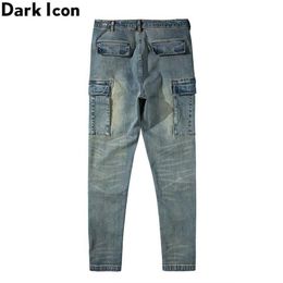 Men's Jeans Dark Washing Vintage Skinny Men Side Pockets High Street Spandex Denim Pants254O