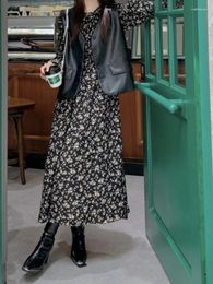 Work Dresses Harajpee Age Reducing Autumn Set Women Gentle Style Black PU Leather Vest Long Sleeve Fragmented Flower Dress Two Piece Sets