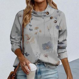 Women's Blouses Flower Pattern Women Top Floral Print Stand Collar Button Decor Long Sleeve Soft Loose Casual Blouse For Spring