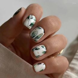 False Nails 24Pcs Retro With Glue Green Leaves Design Fake Short Square Press On Nail Tips Wearable Finished Manicure