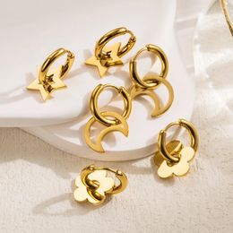 Hoop Earrings Minimalist Five Pointed Star Moon Flower For Women Luxury Gold Colour Stainless Steel Ear Buckle Jewellery