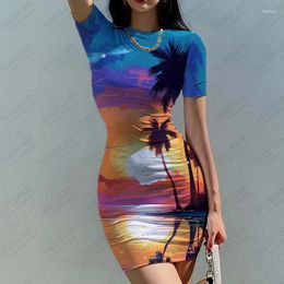 Casual Dresses Summer Ladies Slim Dressing Dress Seaside Sunset 3D Printed Lady Vacation Style Fashion