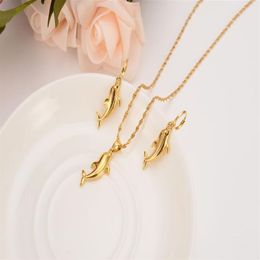 k Solid Yellow Gold Finish Small Cute Dolphin Beautiful Pendant Necklaces and Earrings Mermaid Papua Guinea Jewelry Party Gifts278H