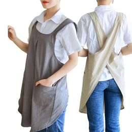 Aprons YOUZI Women Apron Cotton Linen Japanese Korean Style Slip Off Cross shoulder Straps Spacious 2 Pockets Antifouling Pinafore 231027